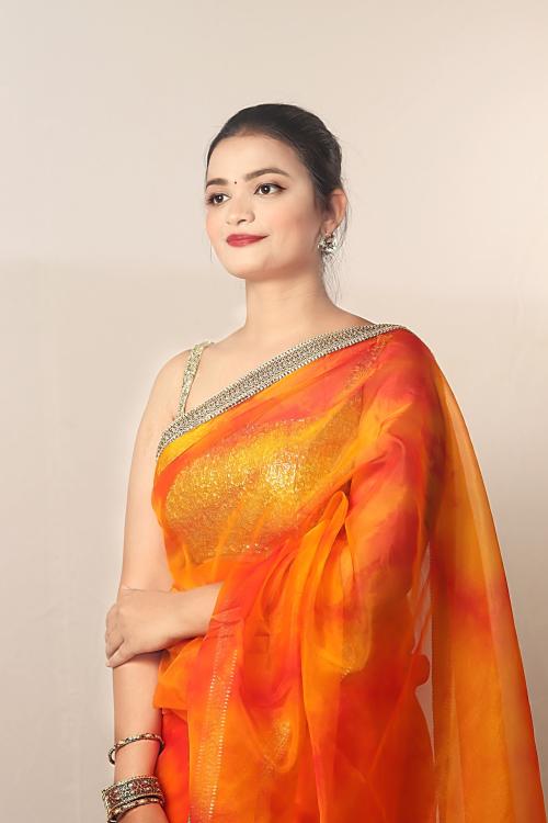 Wardrobe luxury by shreya women's Red yellow tie dye organza saree