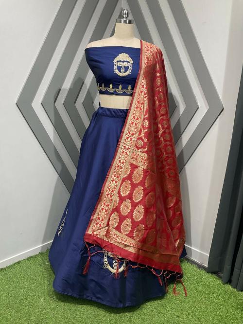 Fabcartz Women Navy Blue Embroidered, Self Design Satin Blend Lehenga Choli