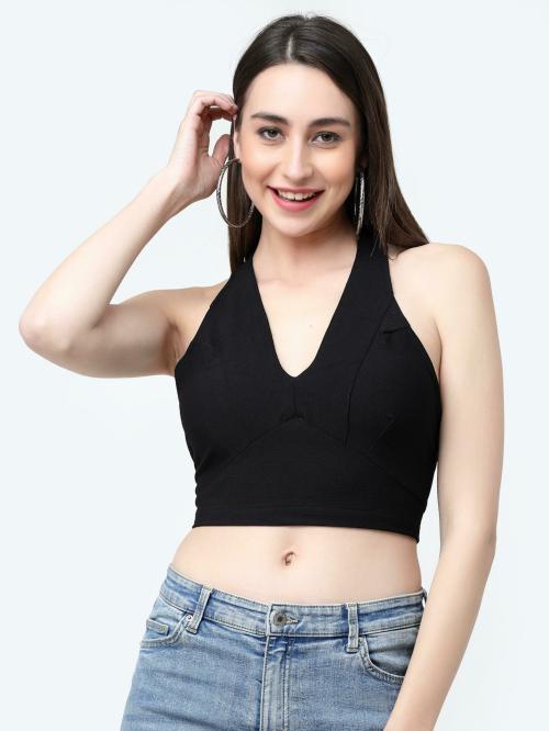 MISS AYSE Latest Black Cotton Blend V Neck Crop Top