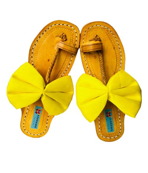 PehnawaCraft Yellow Sunflower Bow Kolhapuri Sandals