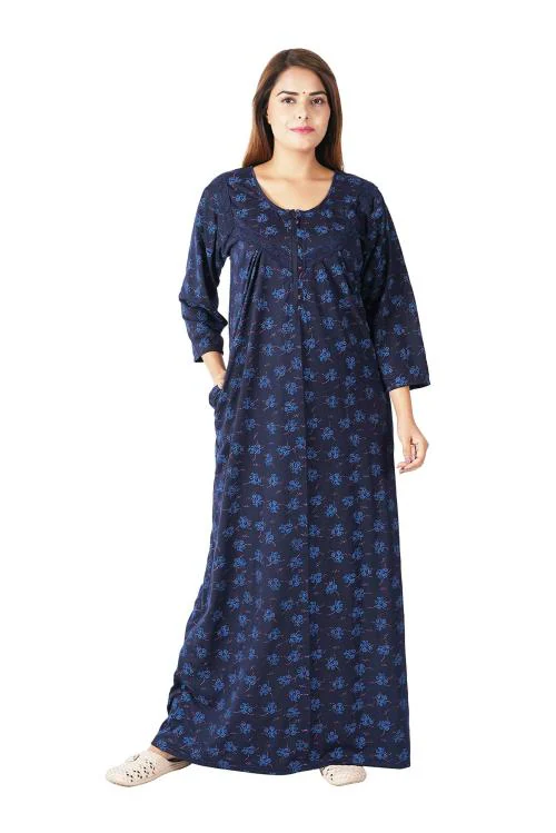 ANGLINA Women's All Over Printed Full Sleeve Cotton Nighty/Nightwear/Nightgown/Maxi (AFSS-001) (Free Size, Blue-1)