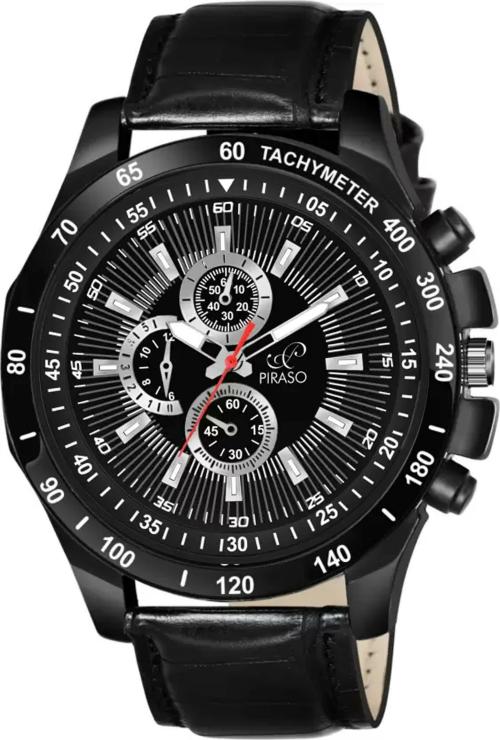 Piraso BLACK LEATHER STARP CHRONO DISPLAY BEAUTIFUL DESIGN WATCH FOR MEN Analog Watch - For Men RSSL 2020 FULL BLACK (STRAP)