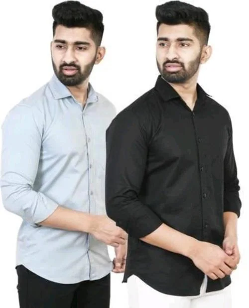 BOUGHT FIRST Solid Regular Fit Combo of 2 Shirt for Men's, Stylish Full Sleeves Pure Cotton Shirt for Men's, Casual Formal Shirt for Men's -(Grey+Black, M)