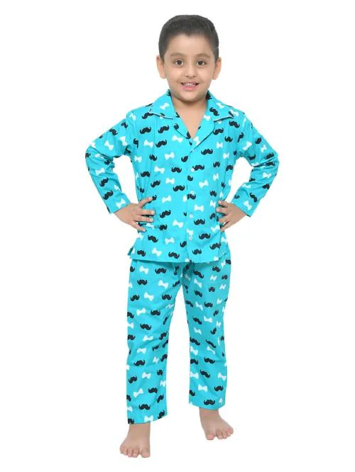 FUNKRAFTS Blue Moustache Printed Cotton Night Dress for Boys