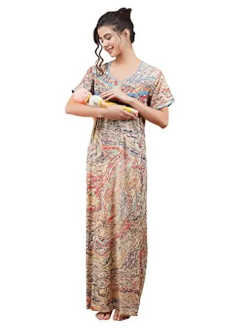 Tulsi Hatt Women Grey Printed A-Line Rayon Maternity Nighty