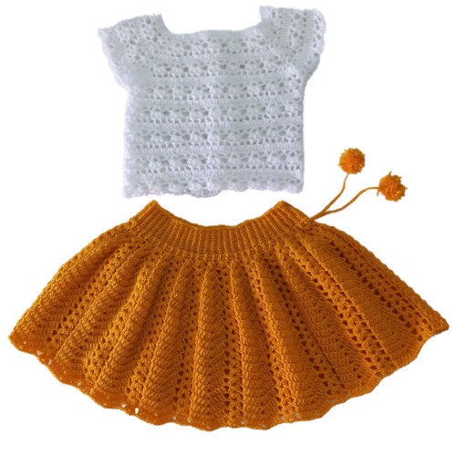 DORCHIS Baby Girl Dress 2-3 Years - Woolen White Top with Yellow Skirt, Handmade with Crochet