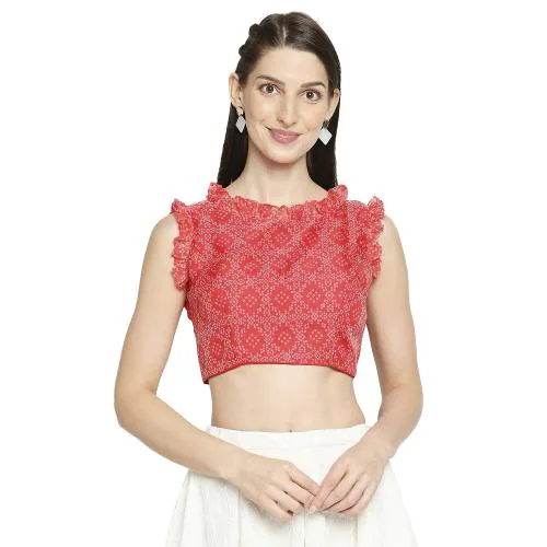 Salwar Studio Women's Red Orgenza Bandhani Readymade Saree Blouse