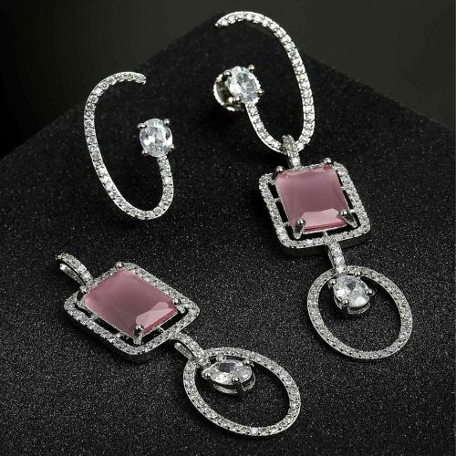 Zeneme Charming Geometric Shaped Brass Pink American Diamond Rhodium Plated Stud Earring for Women