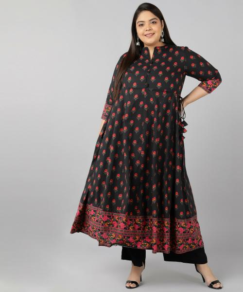 Kipek Women Black Printed Pure Cotton Straight Kurta