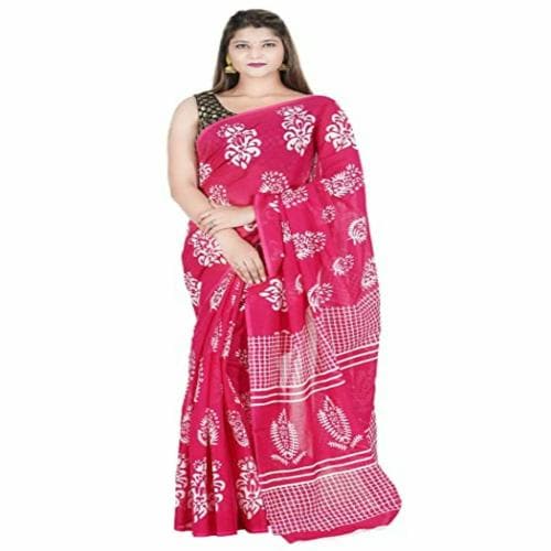 Bhavya Lifestyles Women's Ikat Hand Block Print Jaipuri Cotton Mulmul Saree with Blouse Piece pink