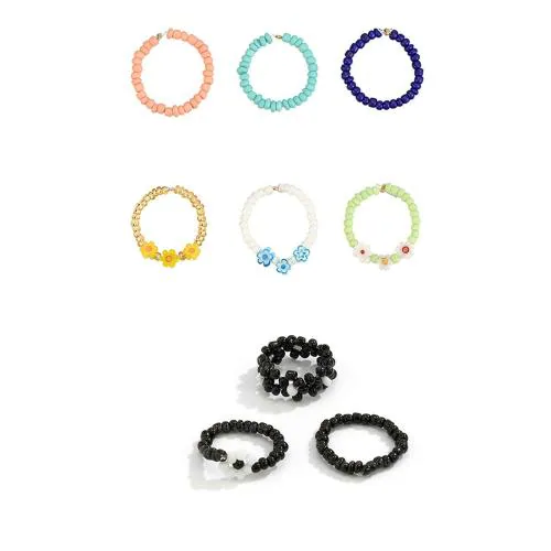 Young & Forever Mothers Day Gifts 9 Pcs Daisy Flower Bead Rings Set, Cute Handmade Flower Beaded Rings, Fashion Vsco Boho Beach Rings, Colorful Jewelry Rings For Girls And Women