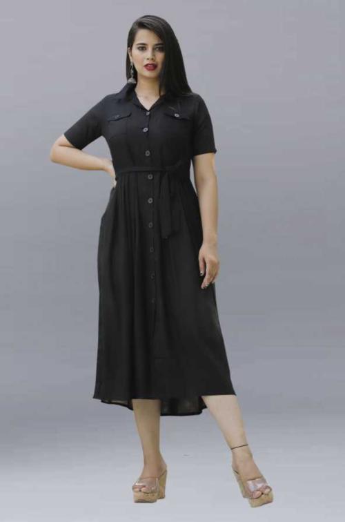 WOMEN VILLAGE Women Black Solid Viscose Rayon A-line Kurta - M