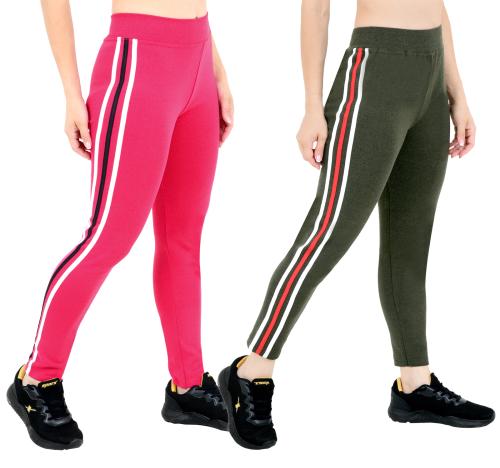 Keoti Gym & Sports Wear Leggings Ankle Length - Workout Trousers - Stretchable Striped Jeggings - Yoga Track Pants for Girls & Women - Pack of 2