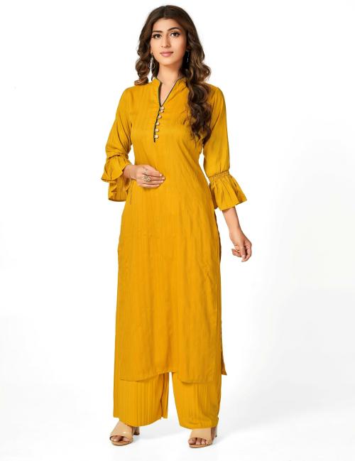 Entle Women's Yellow Self Design Silk Blend Kurta