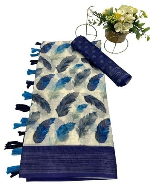 Planborn Women's Linen Floral Printed Saree With Blouse Piece