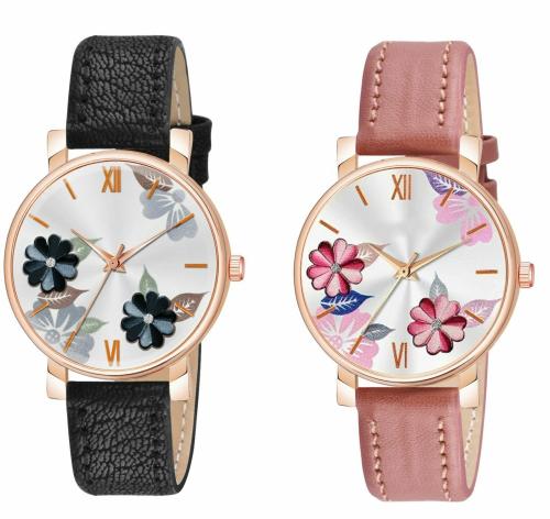 KIARVI GALLERY Analog Multi Flower Dial Stylish Premium Leather Leather Strap Girls and Woman Combo Watches (Pack of 2)