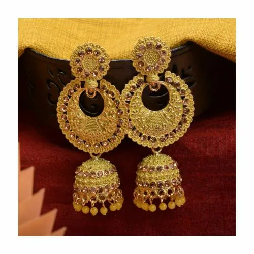 Antico Fancy Traditional Lyered Yellow Color Oxidized Big Jhumka Earrings for Women.