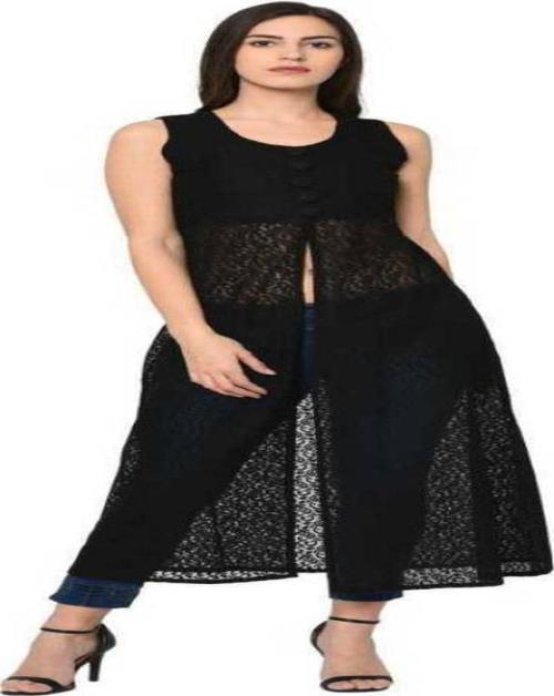 serving princess Women Black Self Design Net Frontslit Kurta - S