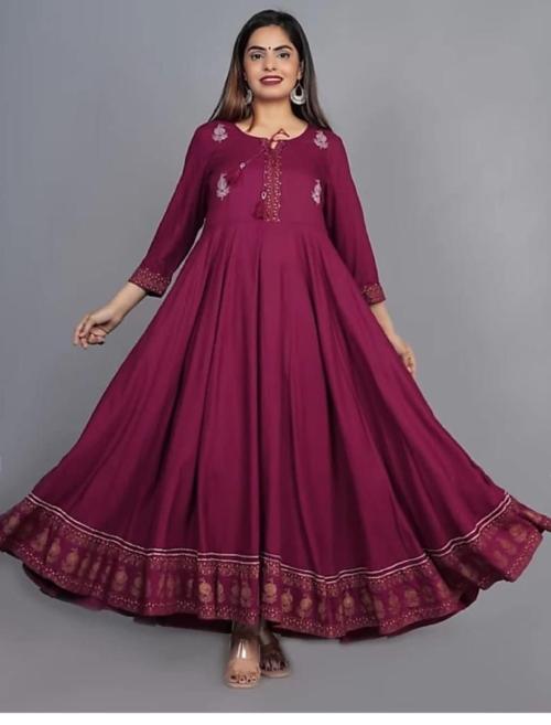 ZANETA - Women's New Trending Stylish Rayon Embroidery with Printed Anarkali Kurta Gown - WINE (XXL)