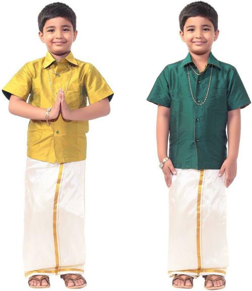 THANGAMAGAN Boy Multicolor Solid Art Silk Pack Of 2 Shirt and Dhoti Set (12-13Y)