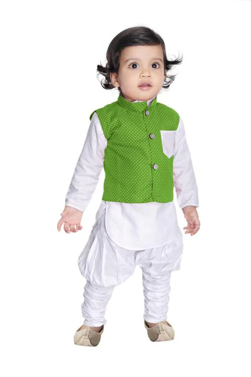 NEW GEN BOYS GREEN PRINTED 100% COTTON PACK OF 1 JACKET KURTA & PAIJAMA PANT