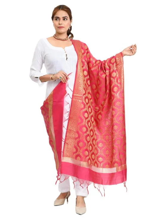Moeza Women Pink Silk Woven Design Banarasi Dupatta