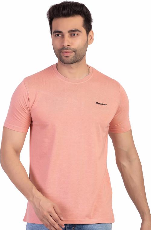 Barcelona Mens Light Peach Solid Cotton Blend Scoop Neck T-Shirt (XL)