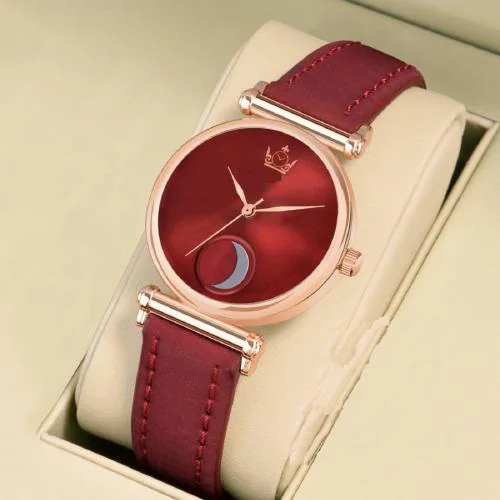 ILOZ Latest New Stylish Moon Maroon Dial Classy Look Leather Black Strap Formal,Casual Wear Branded Wrist Watches For Giirls Analog Watch - For women
