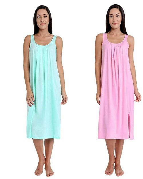 TWGE Cotton Full Length Camisole for Women - Long Inner wear Petticoat - Plus Size Nighty - Kurti and Suit Slip - Purple & Pink Pack of 2