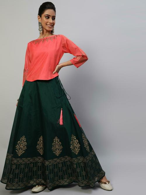 Aks Green & Coral Block Printed Lehenga Choli