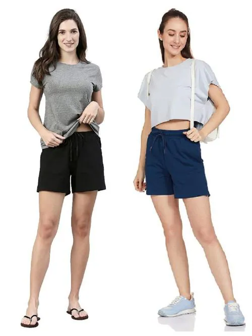 KAFF Womens Regular Fit Thigh Length Shorts- Pack of 2- Black,Navy-28