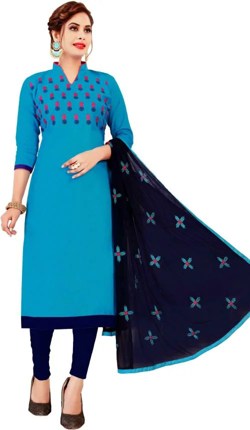 Sainoor Women Free Size Blue Embroidered Cotton Blend Unstitched Dress Material
