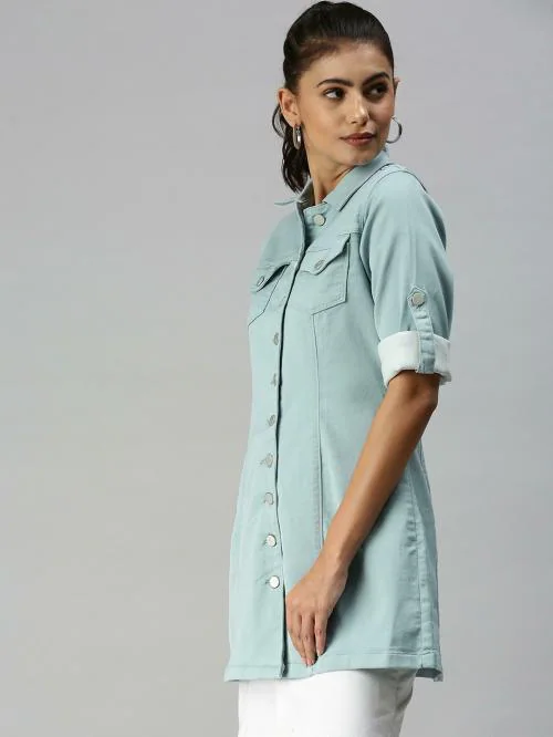 SHOW OFF Women's Sea Green Solid Denim Jacket