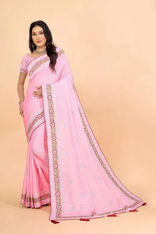 Jivanis Women's Embroidered & Zari Work Chiffon Saree With Unstitched Blouse Piece (0.8M L)