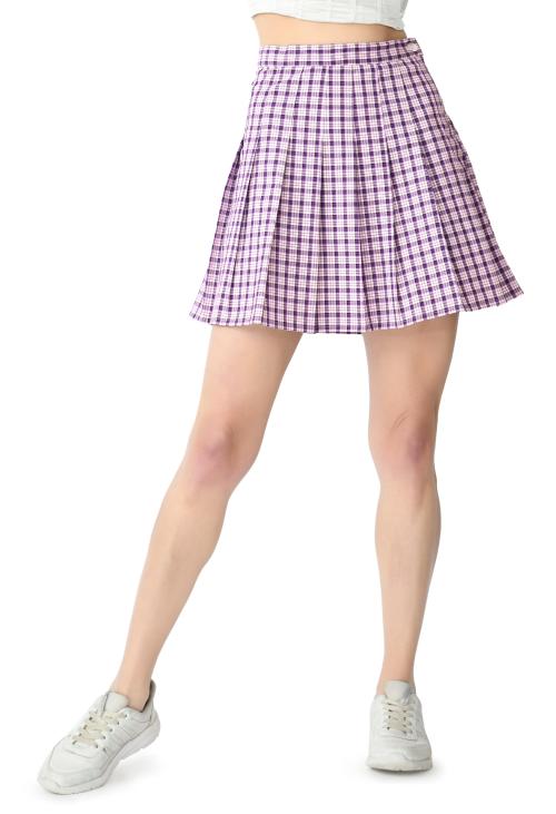 KLART Skirt with attached shorts | Skirt for Women | Pleated Skirt | Tennis Skirt | Mini Skirt | Girls Skirts | Midi Skirt | Short Skirt | Skort (Lavender Check - Size 36 Inches /3XL)