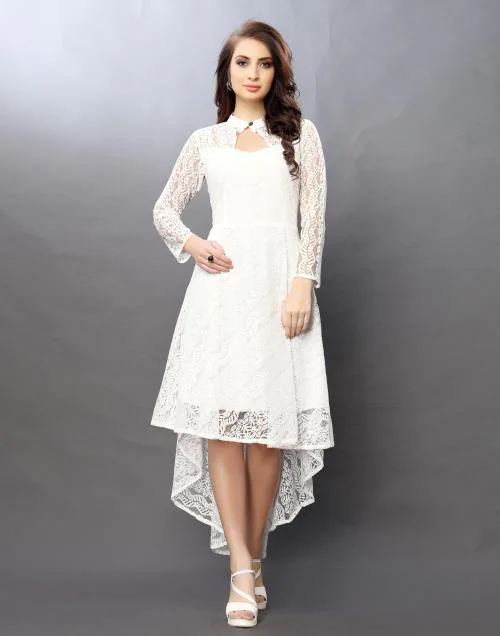 HEMANG FASHION Women White Self Design Net High Low Dress (Xl)