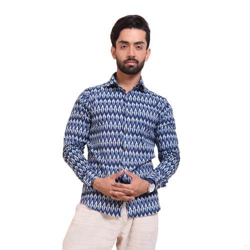 Tistabene White and Blue Ikat Design Slim Fit Men Shirt