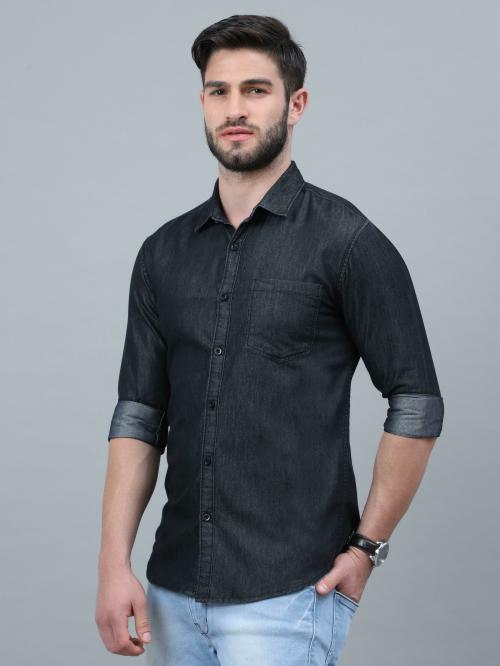 TORTUGA Men Black Washed Denim Casual Shirts (XL)