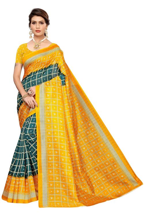 RITARC Women Bhandhani Checks Green Art Silk Banarasi Style Saree With Blouse Piece