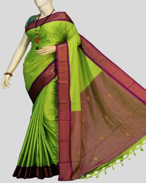 Fashions Look Parrot Green Paithani Cotton Silk Saree With Contrast Pallu And Contrast Blouse With Zari Butta