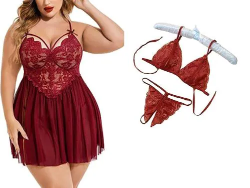 FASHION BONES Plus Size Combo Lingerie Lace Babydoll Womens Strap Chemise Nightgown V Neck Nighty Mesh Sleepwear Side Slit Nightdress (Maroon) (S)
