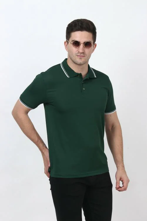 Forest Club Dull Drifit Matty Bottle Green Solid Polo T-shirt with White Tipping, Size - L (40)