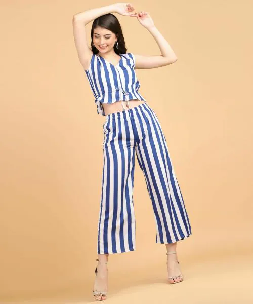 Popwings Women Casual Blue & White Stripe Printed Crop Top & Trouser Co-Ords Set | Top and Bottom Set | Printed Top and Trousers Set | Latest Trendy Top Bottom Set