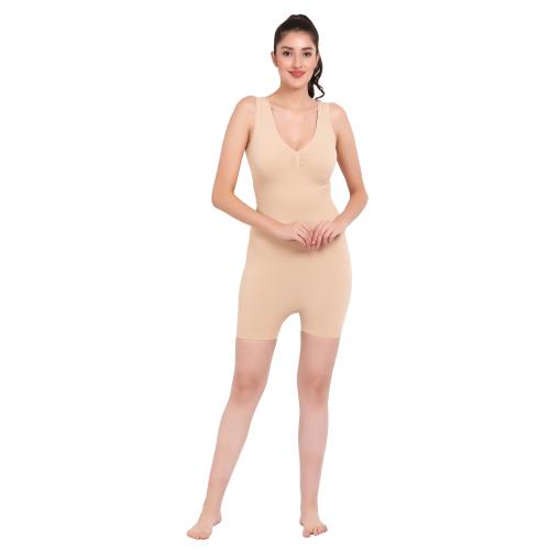 Day n Dark Women's Bodysuits Tummy Control Body Shaper V Neck Mid Thigh Jumpsuit Boxer (Skin)