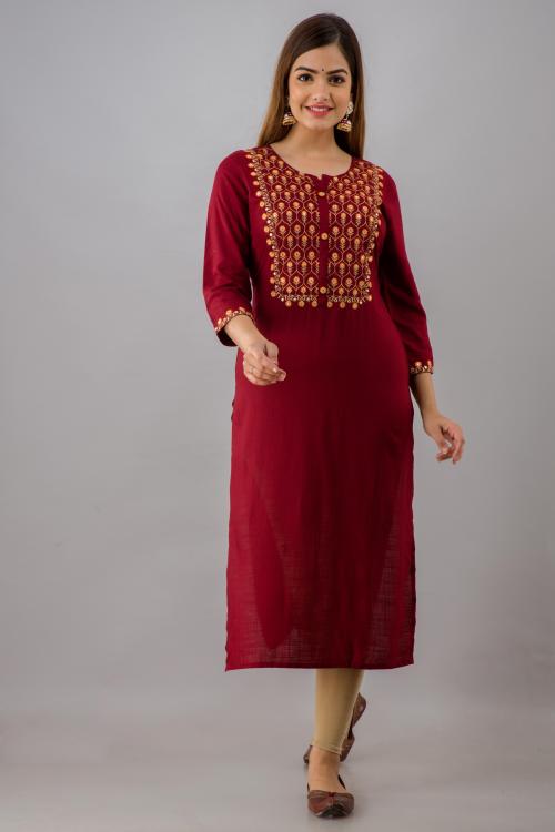 Fashion Depth Women Maroon Rayon Embroidered Straight Kurta