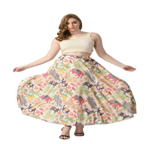 VAGISHA PolyCotton Blooming Flared Long Stitched Floor Length Skirt for Women Girls for Home Outing Printed Flare Skirt Soft Breathable Fabric Elastic Band L - C