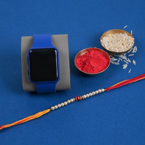 Buy Designer Red Pearl Rakhi with Digital Blue Watch Online at Best ...
