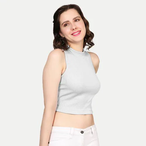 Rad Prix Women White Rib Knit Crop Tank Top