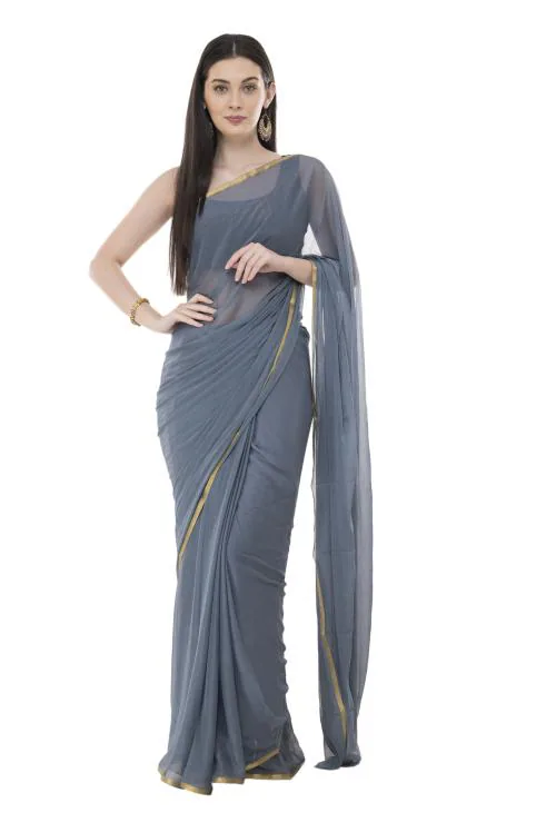 Bunny Creation Grey Chiffon Solid/Plane Saree With Unstiched Blouse Piece