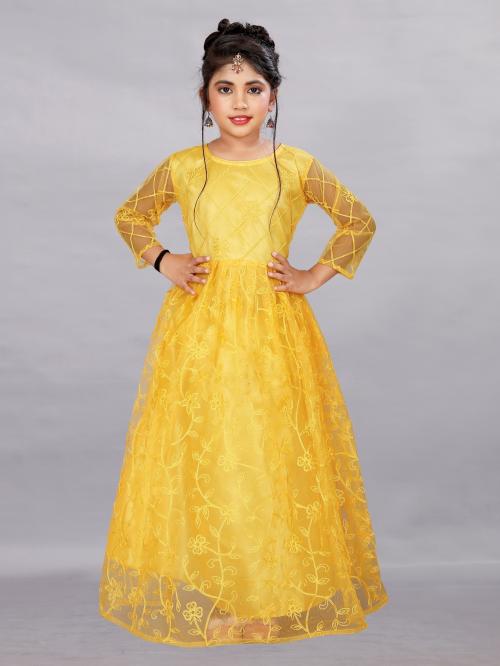 Active Feel Free Life Girls Net Embroidered Gown Dress (Yellow_34)